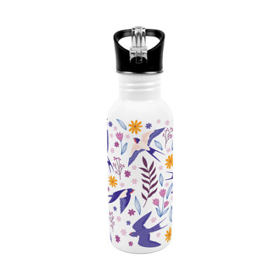 Floral Swallows Metal Canteen Gift  - 600ml Water Bottle with Flip-Straw Lid - Image 3