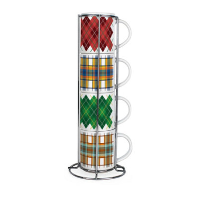 Purely Home Tartan & Argyle Small Stacking Mugs GiftSet Of 4 Ceramic Cups With Stand from B&Q
