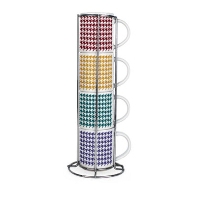 Purely Home Colourful Houndstooth Small Stacking MugsSet Of 4 Ceramic Cups With Stand from B&Q