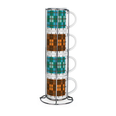 Purely Home Gold Frame Check Small Stacking MugsSet Of 4 Ceramic Cups With Stand from B&Q