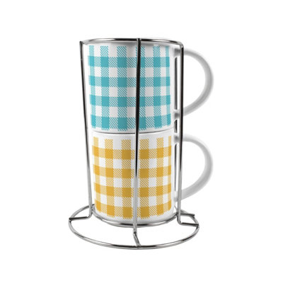 Purely Home Blue & Yellow Gingham Small Stacking Mugs GiftSet Of 2 With Metal Stand from B&Q