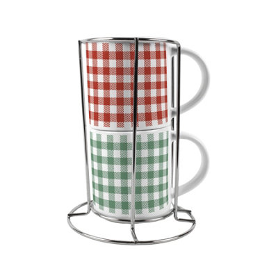 Purely Home Red & Green Gingham Small Stacking Mugs GiftSet Of 2 With Metal Stand from B&Q