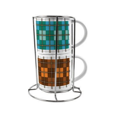 Purely Home Blue & Brown Check Small Stacking Mugs GiftSet Of 2 With Metal Stand from B&Q