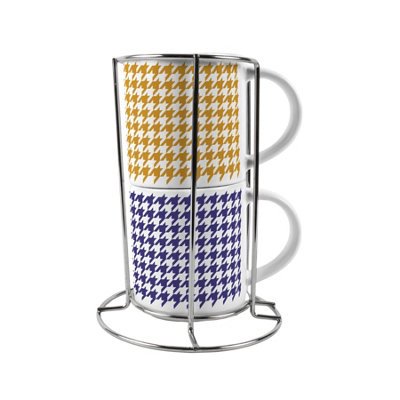 Purely Home Blue & Yellow Houndstooth Small Stacking Mugs GiftSet Of 2 With Metal Stand from B&Q