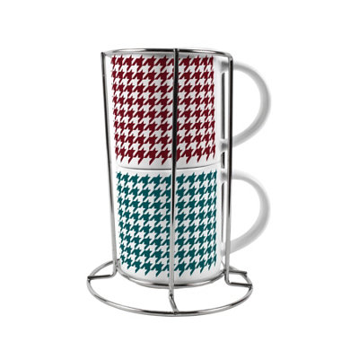 Purely Home Red & Green Houndstooth Small Stacking Mugs GiftSet Of 2 With Metal Stand from B&Q