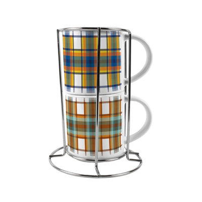 Purely Home Blue & Yellow Tartan Print Small Stacking Mugs GiftSet Of 2 With Metal Stand from B&Q