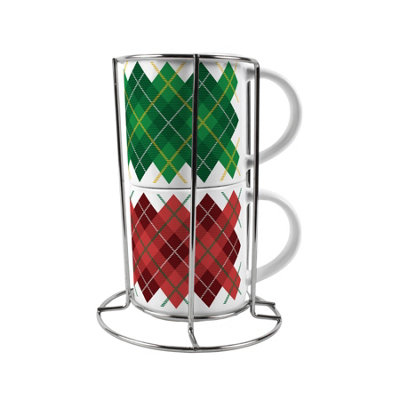 Purely Home Red & Green Argyle Print Small Stacking Mugs GiftSet Of 2 With Metal Stand from B&Q