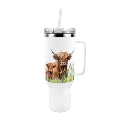 Purely Home Highland Cow & Calf 40Oz Stainless Steel Extra-Large Travel Cup With Straw And Lid - Image 3