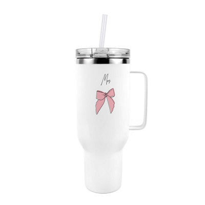 40oz Tumbler with Straw - Mrs Pink Bow Stainless Steel XL Cup Wedding Gift - Image 3