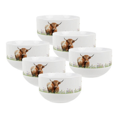 Highland Cows Large Cereal Bowl Set - 6x Ceramic Dinnerware Serving Bowls - Image 3