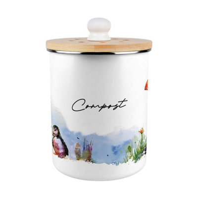 Purely Home Seaside Puffins Food Waste BinMetal 2L Decorative Compost Caddy from B&Q
