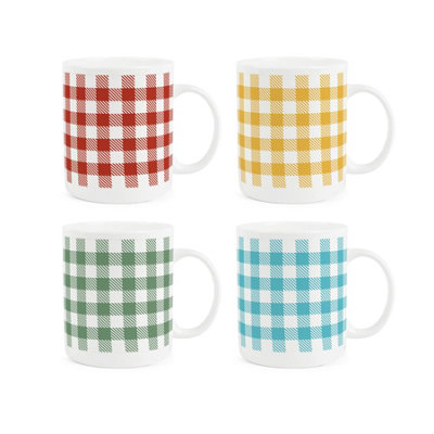 Gingham Print Bone China Mugs Set of 4 - Multicolour 400ml Tea/Coffee Cups Gift - Image 3