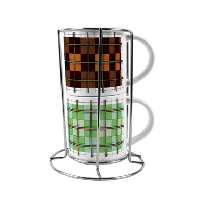 Purely Home Green & Brown Check Small Stacking Mugs GiftSet Of 2 With Metal Stand from B&Q