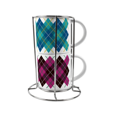 Purely Home Blue & Purple Argyle Print Small Stacking Mugs GiftSet Of 2 With Metal Stand from B&Q