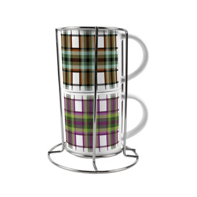 Purely Home Brown & Purple Tartan Print Small Stacking Mugs GiftSet Of 2 With Metal Stand from B&Q