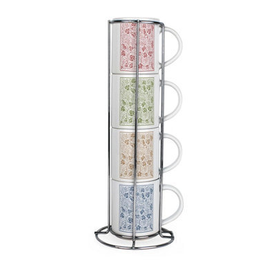 Purely Home Oak Leaves & Berries Stacking MugsSet Of 4 Small Ceramic Cups Gift With Stand from B&Q