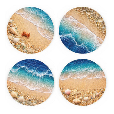 B&Q -  Beach Shoreline CoastersSeaside Décor Set Of 4 Round Ceramic Coasters