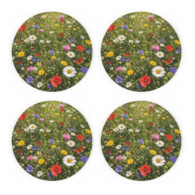 Purely Home Meadow Flowers Coasters - Floral Set Of 4 Round Ceramic Coasters - Green - Image 3