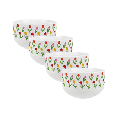Tulip Print Large Cereal Bowl Set - 4x Ceramic Floral Serving Bowls - Image 3