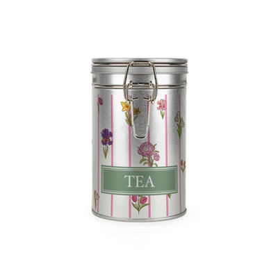 Purely Home Floral Stripes Tea Canister - Silver Metal Kitchen Storage Container - Multicoloured - Image 3
