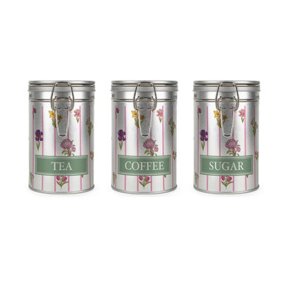 Purely Home Floral Stripes Canister Set - Tea, Coffe & Sugar - Silver Metal Kitchen Storage Containers - Multicoloured - Image 3