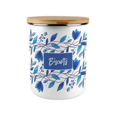 Extra Large Enamel Biscuit Canister - Blue Petals Kitchen Food Storage Jar Gift - Image 3
