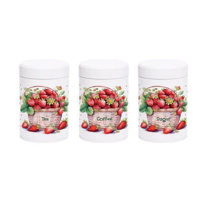 Purely Home Strawberry Basket Tea Coffee & Sugar Canister Set - White Metal Screw Top 750ml Kitchen Storage Tins Gift, Set of 3 - Image 4