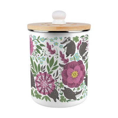 B&Q -  Floral Badgers Food Waste CaddyEnamel 2L Kitchen Compost Bin