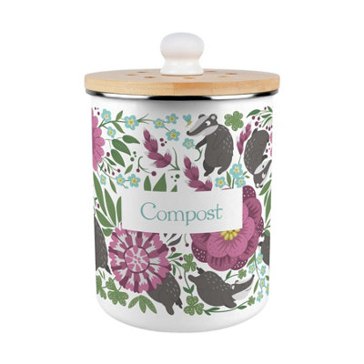 B&Q -  Floral Badgers Compost CaddyEnamel 2L Kitchen Food Waste Bin