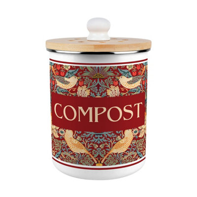 Purely Home Strawberry Thief Compost Caddy - Metal 2L Red Decorative Kitchen Food Waste Bin - Red - Image 3