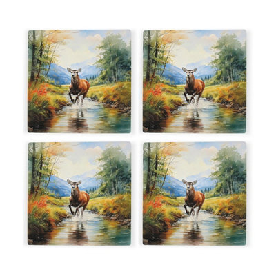 Purely Home Majestic Deer Coasters - Rural Game Animals Set Of 4 Square Ceramic Coasters - Green - Image 3