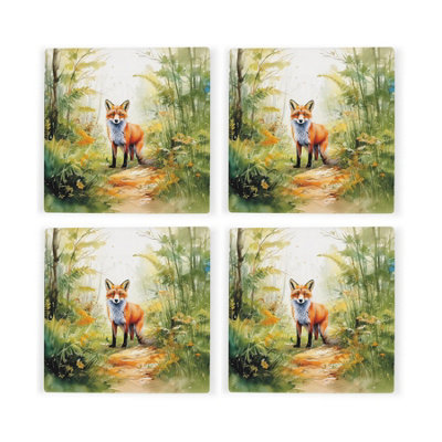Purely Home Vibrant Fox Coasters - Rural Game Animals Set Of 4 Square Ceramic Coasters - Green - Image 3