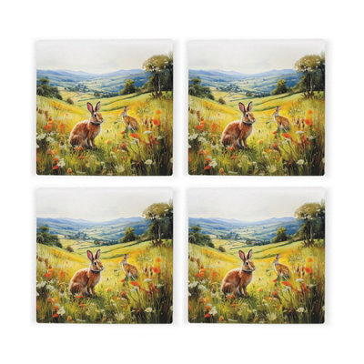 Purely Home Wild Rabbits Coasters - Rural Game Animals Set Of 4 Square Ceramic Coasters - Green - Image 3