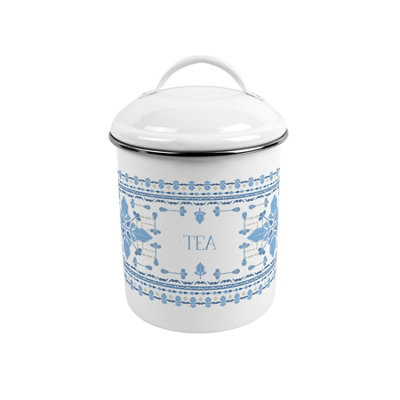 Blue Folk Tile Tea Canister - Medium Metal Kitchen Storage with Handle - Image 3