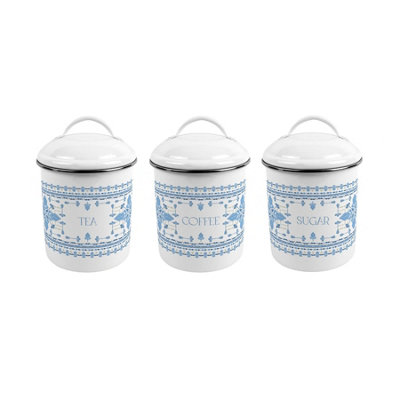 Purely Home Folk Tile Canister Set - Tea, Coffee & Sugar - Metal Kitchen Storage Containers - Blue - Image 3