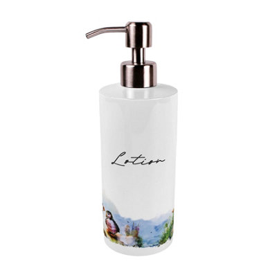 B&Q -  Coastal Puffins Stainless Steel Lotion Dispenser - Pump Action Refillable Bathroom & Kitchen Décor