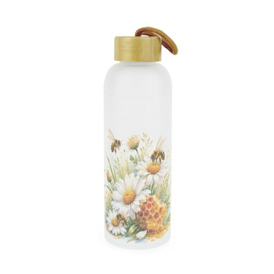Daisy Bees Frosted Glass Water Bottle with Wooden Lid, Reusable Drinkware Gift - Image 3
