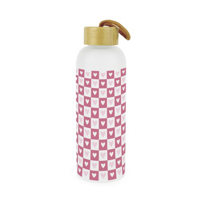 Purely Home Dark Pink Hearts Glass Water Bottle With Bamboo Lid - Pink - Image 3