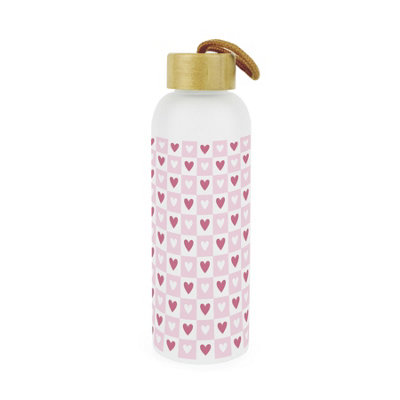 Light Chequered Hearts Frosted Glass Water Bottle & Wooden Lid, Reusable Gift - Image 3