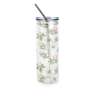 Delicate Peonies Clear Glass Travel Flask - Reusable Tumbler & Metal Straw Gift - Image 3