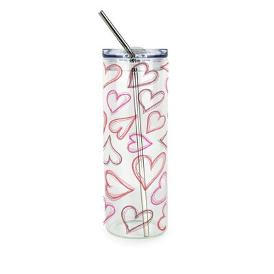 Heart Drawings Clear Glass Travel Flask - Reusable Tumbler & Metal Straw Gift - Image 3