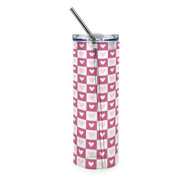 Purely Home Dark Pink Hearts Clear Glass Travel Flask With Straw - Image 3