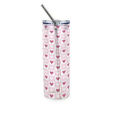 B&Q -  Light Pink Hearts Clear Glass Travel Flask With Straw