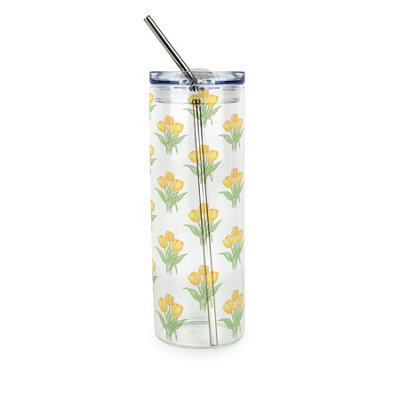 Yellow Tulip Bunch Clear Glass Travel Flask - Drinks Tumbler & Metal Straw Gift - Image 3