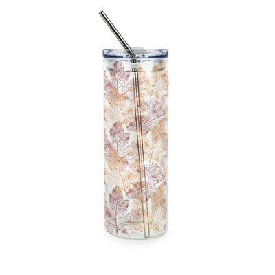 Autumn Leaf Imprint Clear Glass Travel Flask - Drinks Tumbler & Metal Straw Gift - Image 3