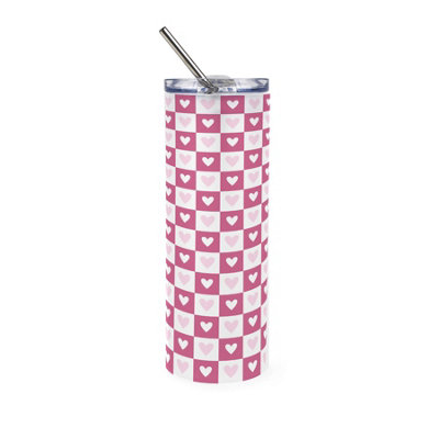 Purely Home Dark Pink Hearts Frosted Glass Travel Flask With Straw - Image 3