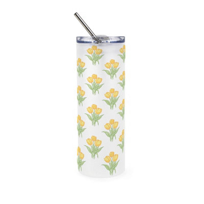 B&Q -  Yellow Tulips Frosted Glass Travel Flask With Straw