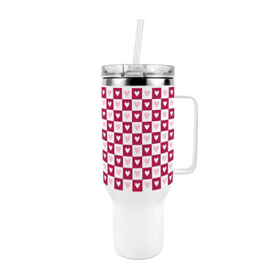 Dark Pink Chequered Hearts Travel Tumbler - Metal XL Cup Gift - Image 3