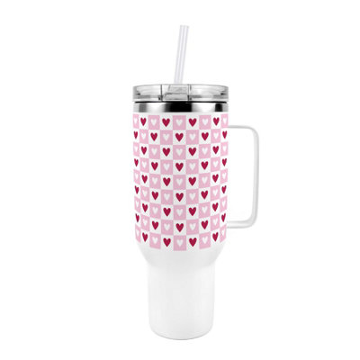 Light Pink Chequered Hearts Travel Tumbler - Metal XL Cup Gift - Image 3