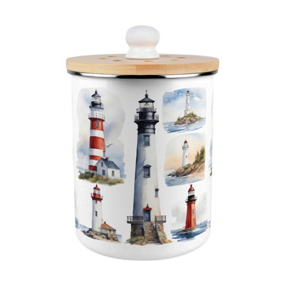 B&Q -  Painted Lighthouses Food Waste CaddyMetal 2L Decorative Kitchen Compost Bin